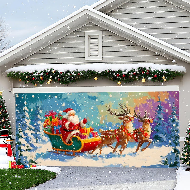 THISFIND Christmas Garage Door Banner – Santa Claus with Sleigh & Reindeer Outdoor Decoration – 13×6 ft Holiday Garage Cover for Home, Yard, Party Decor - Image 5